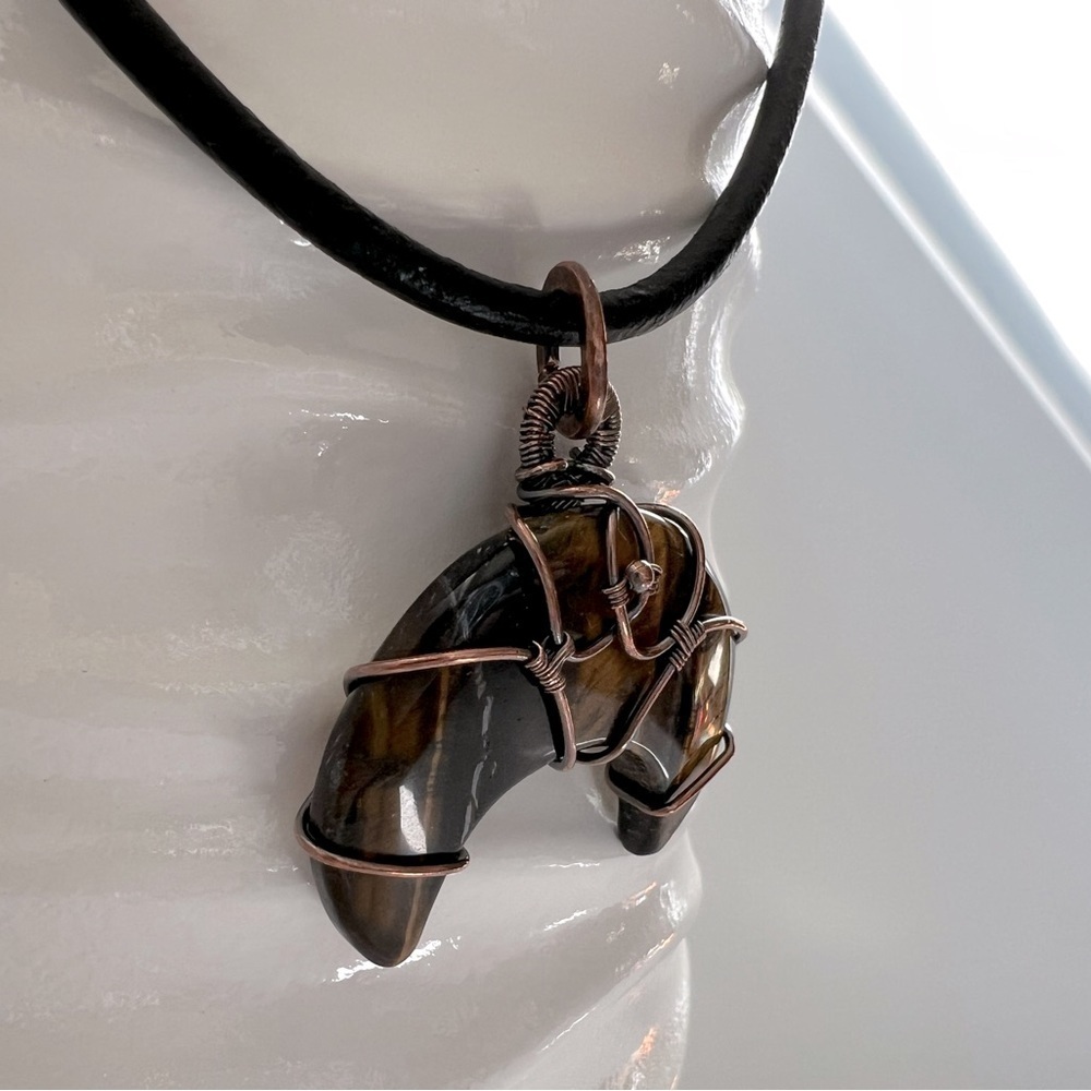 Artisan Copper Wire Wrapped Crescent Moon Tigers Eye Cabochon Necklace - Picture 6 of 11